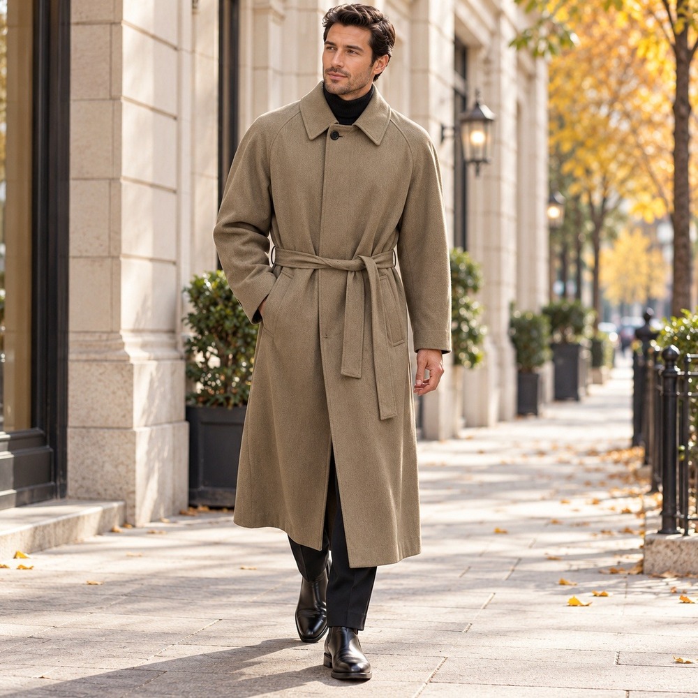 Sanyo Carol Cohen Trench Overcoat Tan 100% Wool Mens Belted Long Duster Size 44R